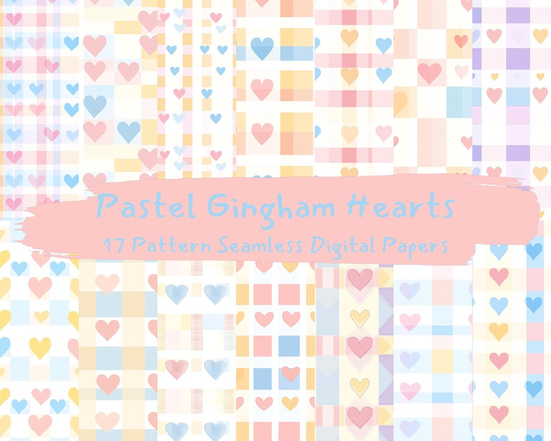 Pastel Gingham Hearts Pattern Seamless Digital Papers - Printable ...