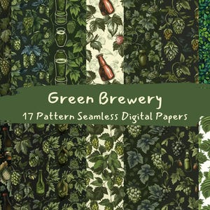 May include: A set of 17 digital paper patterns featuring green hops, leaves, and bottles. The patterns are seamless and perfect for crafting projects, scrapbooking, and digital design.