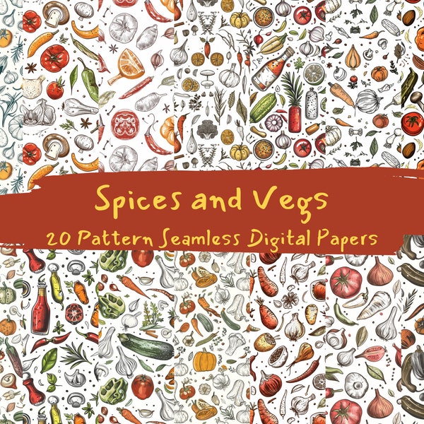 Spices and Vegs Pattern Seamless Digital Papers - printable scrapbook paper instant download, commercial use, 300dpi