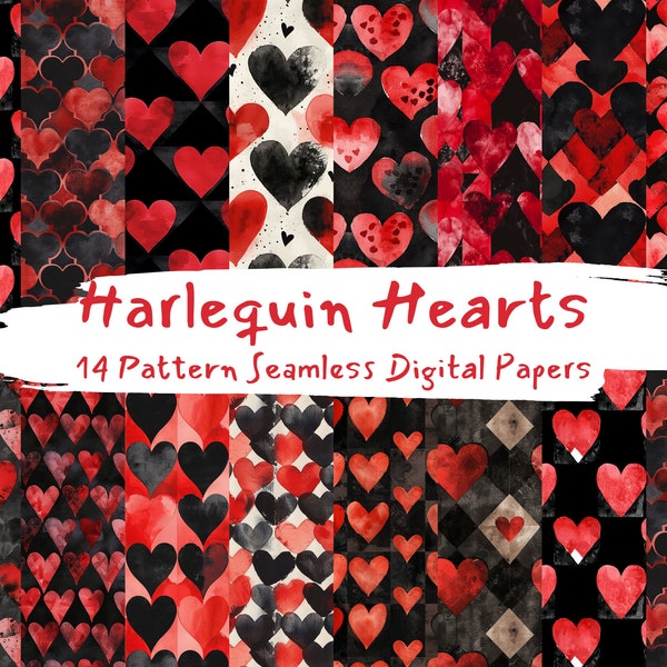 Harlequin Hearts Pattern Seamless Digital Papers - printable scrapbook paper instant download for commercial use, 300dpi