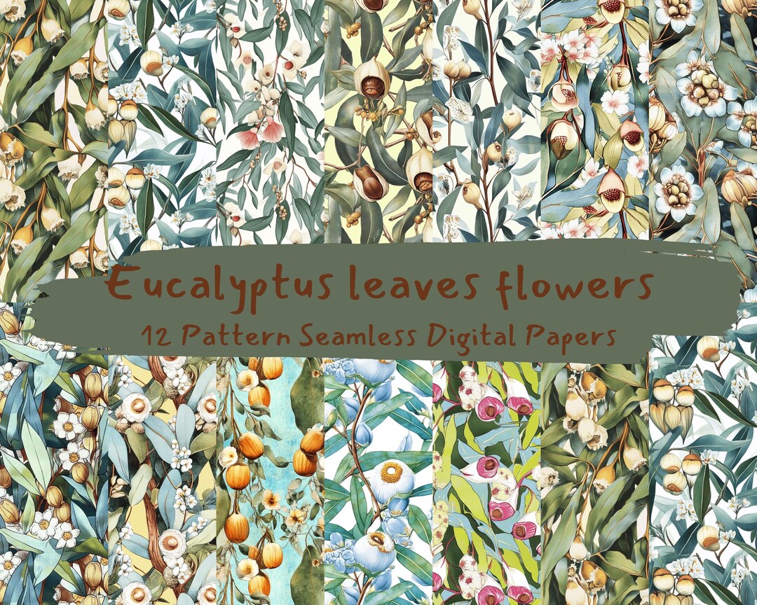 Eucalyptus Leaves Flowers Pattern Seamless Digital Papers - Printable ...