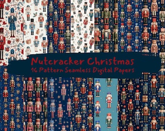 くるみ割り人形のクリスマスパターンシームレスデジタルペーパー - 印刷可能なスクラップブック用紙PNG、即時ダウンロード、商用利用可、300dpi