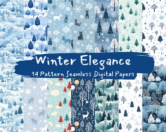 May include: A set of 14 digital paper patterns featuring winter scenes with trees, snowflakes, and other wintery elements. The patterns are in various shades of blue, green, and white. The text "Winter Elegance" and "14 Pattern Seamless Digital Papers" is displayed on the image.
