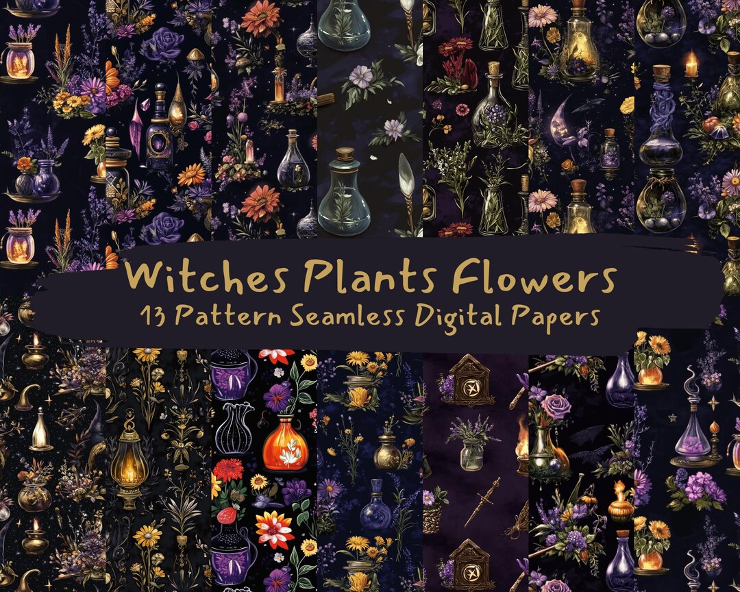 Witches Plants Flowers Pattern Seamless Digital Papers - Printable ...