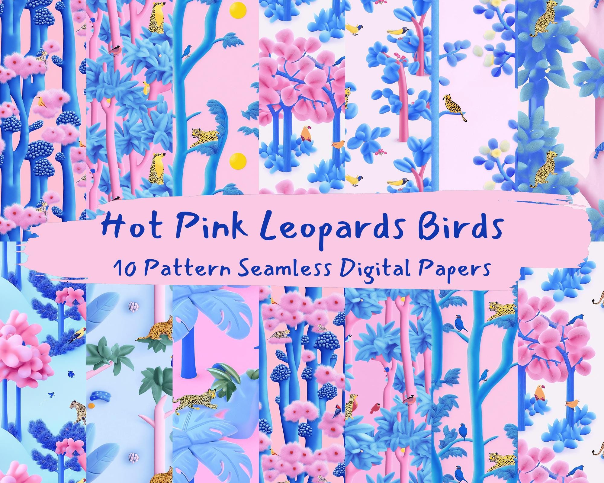 Hot Pink Leopards Birds Pattern Seamless Digital Papers - Printable ...