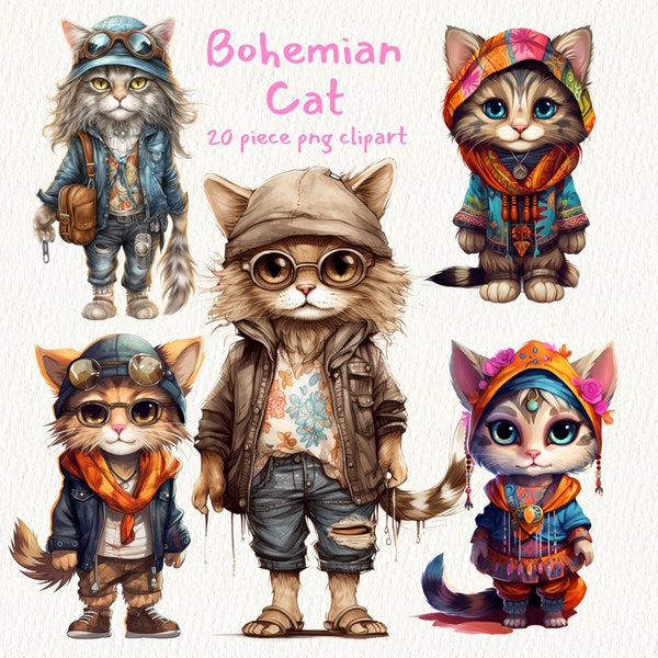Bohemian Cat, digital printable clip art graphics in PNG format transparent instant download for commercial use, Boho, Hippy, Fashion, Card