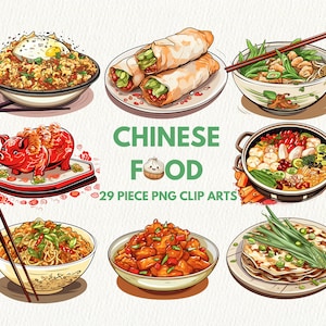 Pacote de clipart digital de pratos de comida chinesa cozinha em formato PNG download instantâneo transparente para uso comercial, 29 arquivos png