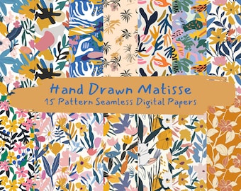 Hand Drawn Matisse Pattern Seamless Digital Papers - printable scrapbook paper png instant download commercial use 300dpi