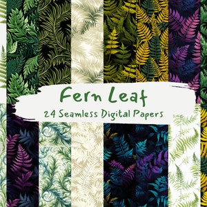 May include: A set of 24 digital papers featuring various fern leaf patterns in different colours, including green, yellow, purple, and blue. The patterns are seamless and can be used for a variety of creative projects.