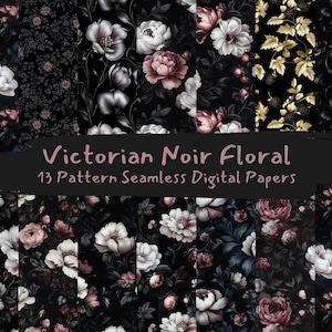 May include: A set of 13 digital paper patterns featuring Victorian-style floral designs in shades of pink, white, and gray on a black background. The text "Victorian Noir Floral 13 Pattern Seamless Digital Papers" is displayed in the center of the image.