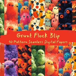 May include: A set of 10 digital paper patterns featuring colourful, whimsical illustrations of birds, fish, and other creatures. The patterns are seamless and can be used for a variety of creative projects.