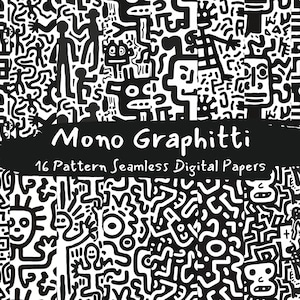 May include: A set of 16 black and white digital papers featuring a variety of abstract doodle patterns. The patterns are seamless and can be used for a variety of creative projects. The text "Mono Graphiitti 16 Pattern Seamless Digital Papers" is displayed on a black banner.