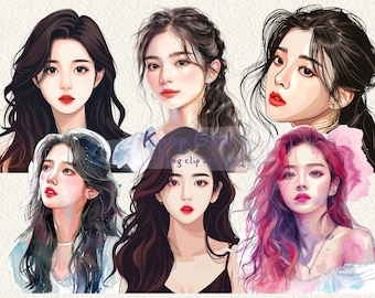 Paquete de imágenes prediseñadas digitales imprimibles de Kpop Girl en formato PNG, fondo transparente, descarga instantánea para uso comercial.