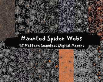 May include: A set of 15 digital papers featuring various spider web patterns in black, white, and orange. The patterns are seamless and can be used for crafting, scrapbooking, and other creative projects. The text "Haunted Spider Webs" and "15 Pattern Seamless Digital Papers" is included in the image.