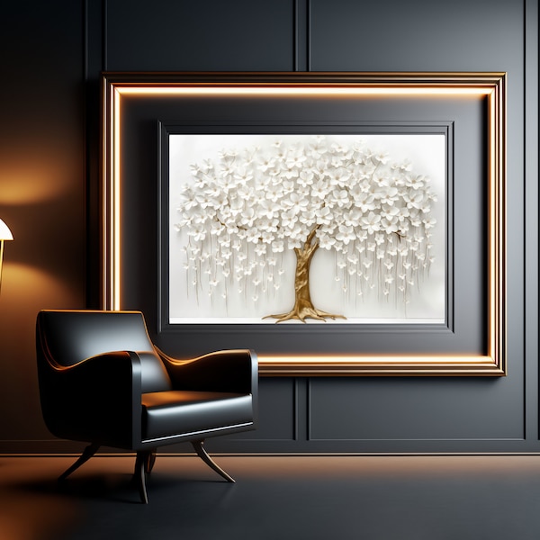 Modern Enchanting 3D White Tree with Golden Trunk: Elegant Wall Art Digital Download, Instant Printable Home Decor