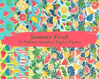 May include: A collection of 14 seamless digital papers with a summer fruit theme. The designs feature vibrant illustrations of watermelon, oranges, lemons, strawberries, and tropical leaves. The text "Summer Fruit" and "14 Pattern Seamless Digital Papers" are displayed on a pink banner.