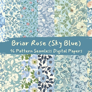May include: A set of 16 digital papers featuring seamless patterns with floral designs in shades of blue, green, and white. The patterns include roses, leaves, and other botanical elements. The text "Briar Rose (Sky Blue)" and "16 Pattern Seamless Digital Papers" is displayed on the image.