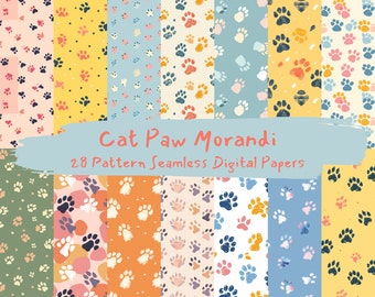 May include: A set of 28 digital papers featuring seamless patterns of cat paw prints in various colors, including pink, blue, yellow, green, and orange. The patterns are designed in a Morandi color palette, a muted and earthy color scheme.