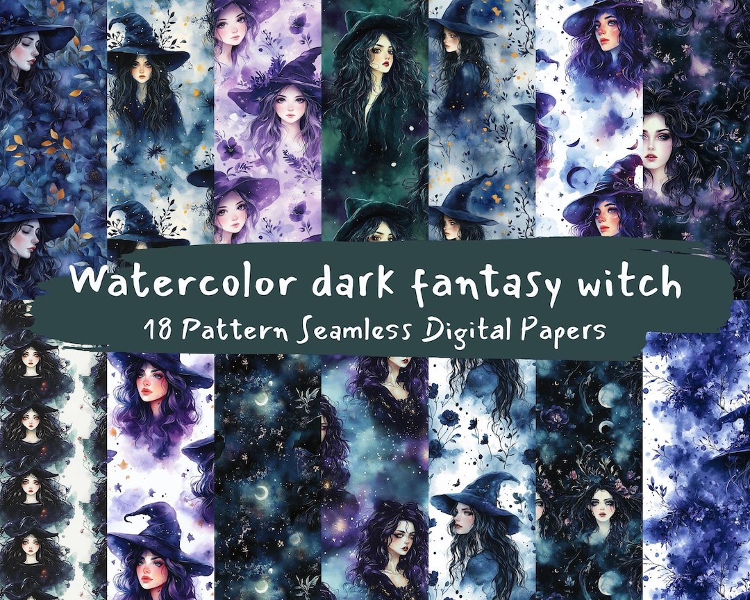 Watercolor Dark Fantasy Witch Pattern Seamless Digital Papers ...