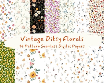 Vintage Ditsy Florals Pattern Seamless Digital Papers - printable scrapbook paper png instant download commercial use 300dpi