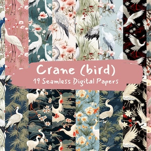 Op de afbeelding: Een verzameling van 19 naadloze digitale papieren met kraanvogelontwerpen. De papieren tonen verschillende patronen met kraanvogels, bloemen en bladeren in wit, blauw, roze en zwart. De tekst "Crane (bird)" staat op een roze banner.