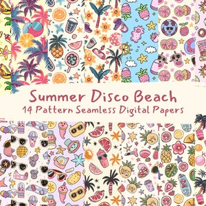 Puede incluir: Un conjunto de 14 patrones de papel digital con un tema de playa disco de verano. Los patrones incluyen varias ilustraciones coloridas de piñas, palmeras, gafas de sol, conos de helado y otros elementos veraniegos.