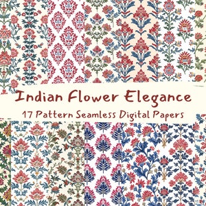 インドの花の優雅なパターンのシームレスなデジタルペーパー - 印刷可能なスクラップブック用紙 png 即時ダウンロード 商用利用 300dpi