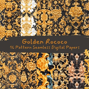 May include: A collection of seamless digital papers with a golden Rococo design. The papers feature ornate floral and scroll patterns in gold against a black background. The text "Golden Rococo 16 Pattern Seamless Digital Papers" is displayed.