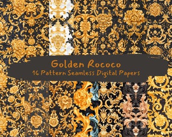 Golden Rococo Pattern Seamless Digital Papers - printable scrapbook paper png instant download commercial use 300dpi