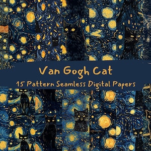 May include: 15 digital paper designs featuring black cats on a swirling blue and yellow background inspired by Vincent van Gogh's Starry Night.