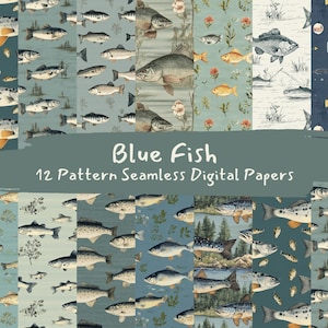 Può includere: Dodici motivi di carta digitale con diverse illustrazioni di pesci blu. I motivi includono una varietà di specie di pesci, disegni floreali e motivi geometrici. Il testo "Blue Fish 12 Pattern Seamless Digital Papers" è visualizzato al centro dell'immagine.