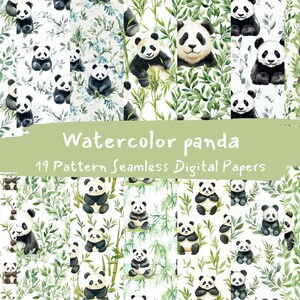 May include: A set of 19 digital papers featuring watercolor illustrations of pandas in a bamboo forest. The papers are seamless and can be used for a variety of creative projects.