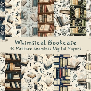 May include: A set of 16 digital paper patterns featuring whimsical illustrations of bookshelves and books. The patterns are in a variety of colors, including blue, green, brown, and white. The patterns are seamless and can be used for a variety of projects, such as scrapbooking, card making, and digital design.