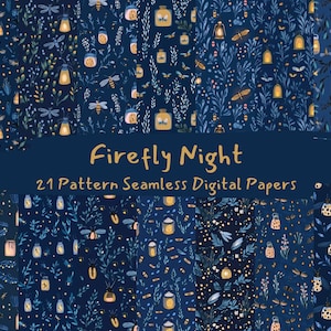 Può includere: Una collezione di carte digitali senza cuciture con sfondo blu scuro. I motivi presentano illustrazioni di lucciole, lanterne e fogliame nei toni del giallo, bianco e blu. Il testo "Firefly Night" e "21 Pattern Seamless Digital Papers" è visibile.