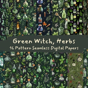 May include: A digital paper pack with 16 seamless patterns featuring green witch herbs, bottles, and other magical elements. The patterns are perfect for crafting, scrapbooking, and digital design projects.