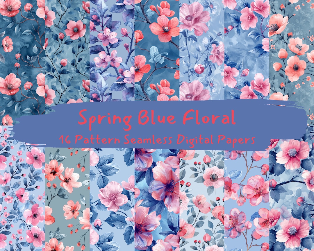Spring Blue Floral Pattern Seamless Digital Papers Scrapbook Paper Junk ...