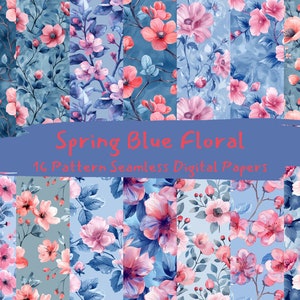 Frühling Blau Blumenmuster Nahtlos Digitale Papiere Scrapbook Papier Junk Journal Ephemera png sofortiger Download kommerzielle Nutzung 300dpi