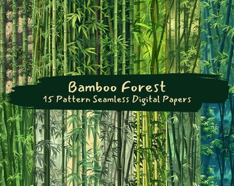 May include: A digital paper pack featuring 15 seamless patterns of green bamboo forest illustrations. The text "Bamboo Forest 15 Pattern Seamless Digital Papers" is displayed on a dark green brushstroke.