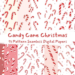 Könnte beinhalten: Ein Set mit 13 digitalen Papiermustern mit roten und weißen Zuckerstangen auf verschiedenen Hintergründen, darunter Weiß, Rosa und Rot. Die Muster sind nahtlos und können für eine Vielzahl von Bastelprojekten verwendet werden.