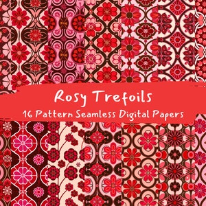 May include: A set of 16 digital papers featuring a repeating pattern of red and pink stylized floral motifs on a dark brown background. The text "Rosy Trefoils 16 Pattern Seamless Digital Papers" is displayed on a red banner.