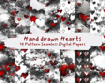 Hand drawn Hearts Pattern Seamless Digital Papers - printable scrapbook paper png instant download commercial use 300dpi