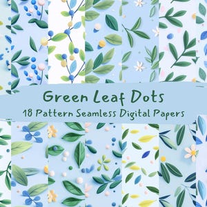 May include: 18 digital paper patterns featuring green leaves and blue dots on a light blue background. The text "Green Leaf Dots" and "18 Pattern Seamless Digital Papers" is displayed on the image.