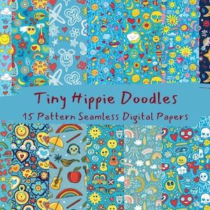 May include: A set of 15 digital papers featuring colorful, whimsical hippie-themed doodles. The patterns include rainbows, peace signs, smiley faces, stars, flowers, and more. The background is a light blue color.