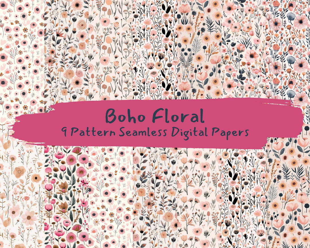 Boho Floral Pattern Seamless Digital Papers - Printable Scrapbook Paper ...