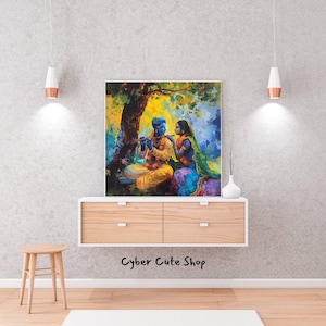 Melodische Ruhe: Krishna und Radha digitale Kunst - Printable Wand Dekoration, sofortiger Download, Hindu Mythologie Kunst, lebendige spirituelle Dekoration