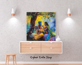 Melodic Tranquility: Krishna and Radha Digital Art - Printable Wall Decor, Instant Download, Hindu Mythology Art, Vibrant Spiritual Decor