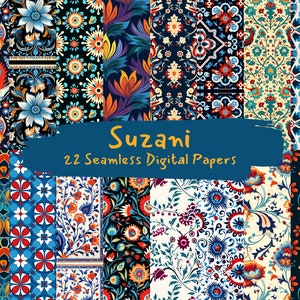 May include: A collection of 22 digital papers featuring vibrant, colorful, and intricate floral patterns inspired by Suzani embroidery. The patterns are seamless and can be used for a variety of creative projects.