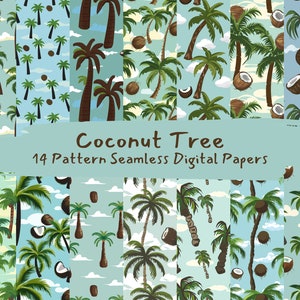 May include: A set of 14 digital papers featuring seamless patterns of coconut trees and coconuts in various shades of green, brown, and blue against a light blue background. The text "Coconut Tree 14 Pattern Seamless Digital Papers" is displayed at the top of the image.