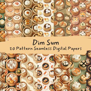 Op de afbeelding: 20 digitale papierpatronen met verschillende dim sum-gerechten in verschillende kleuren en stijlen. De patronen zijn naadloos en kunnen worden gebruikt voor een verscheidenheid aan projecten, zoals scrapbooking, kaartmaken en digitaal ontwerp.
