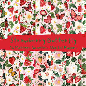 Strawberry Butterfly Pattern Seamless Digital Papers - printable scrapbook paper instant download, commercial use, 300dpi